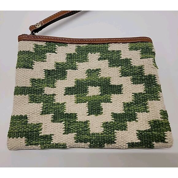 PATRICIA NASH Ballari Wristlet Clutch Green Cream Cotton Leather EUC With Card - Picture 2 of 15